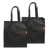 Two Black recycled tote bags with large front pocket. lightweight, machine washable, made from ocean-bound plastic