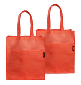 Two Coral Red recycled tote bags with large front pocket. lightweight, machine washable, made from ocean-bound plastic
