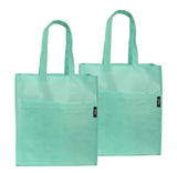 Two Teal recycled tote bags with large front pocket. lightweight, machine washable, made from ocean-bound plastic