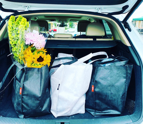 Reuseable Grocery Tote Bags in the bag of a car. Large and machine washable