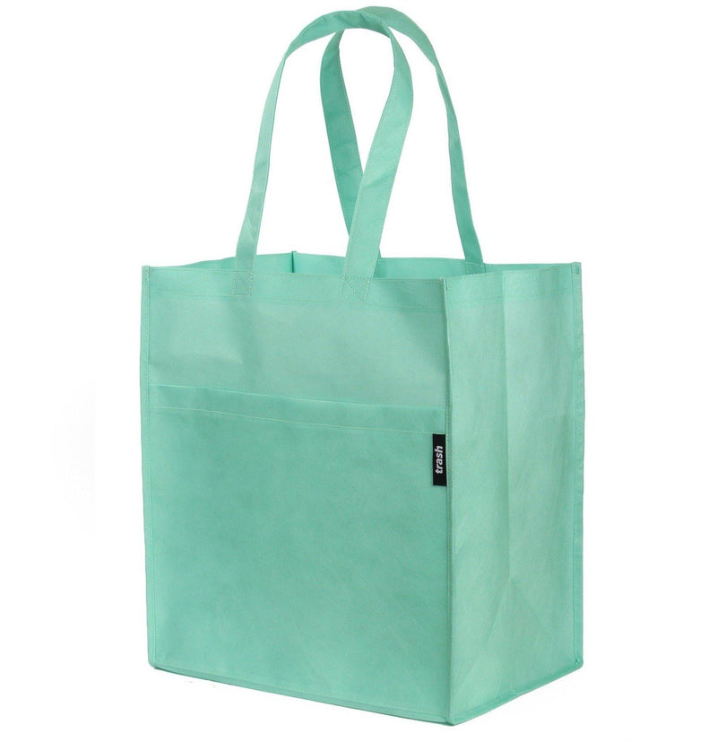 Teal recycled tote bag with large front pocket. lightweight, machine washable, made from ocean-bound plastic