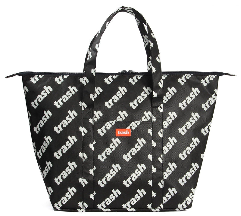 Trash print large and lightweight recycled weekender. made from ocean-bound plastic.